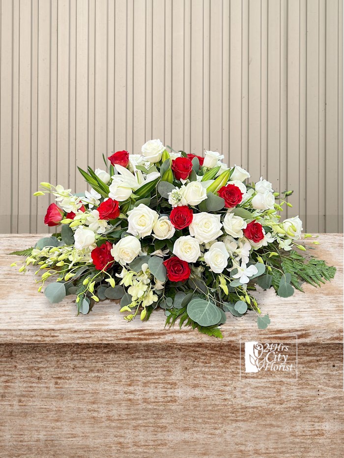  Red White Elegance Rose Spray - Red White Rose with White Orchids - 24Hrs City Florist